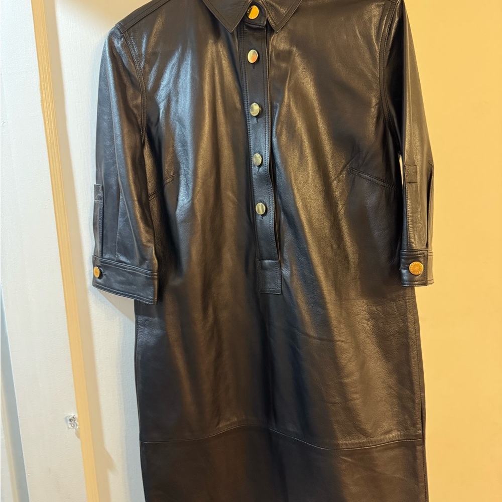 Sandro Black Leather Dress with Gold Buttons